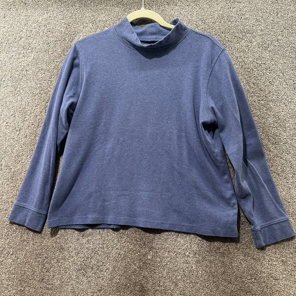 LL Bean Top Womens Large Petite Blue Mock Neck Long Sleeve Knit Shirt Minimalist